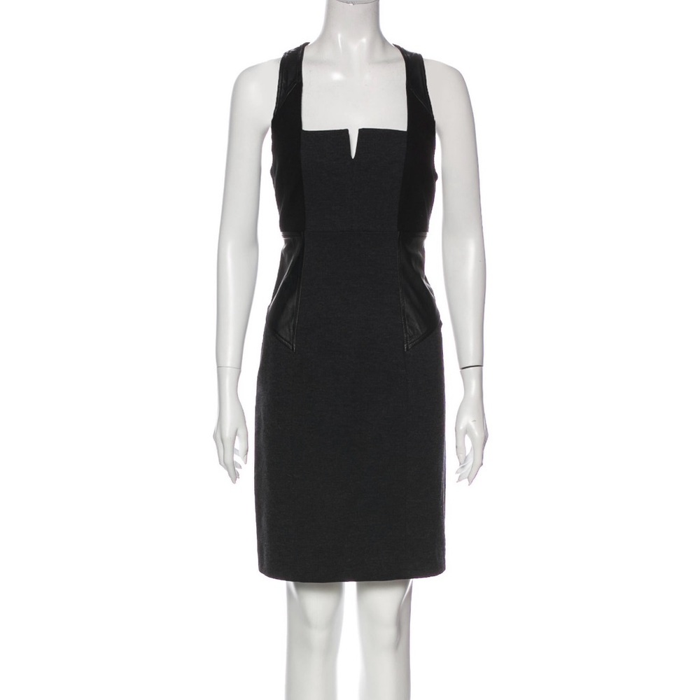Cut25 by Yigal Azrouel Black Leather & Wool Square Neck Bodycon Sheath Dress L
